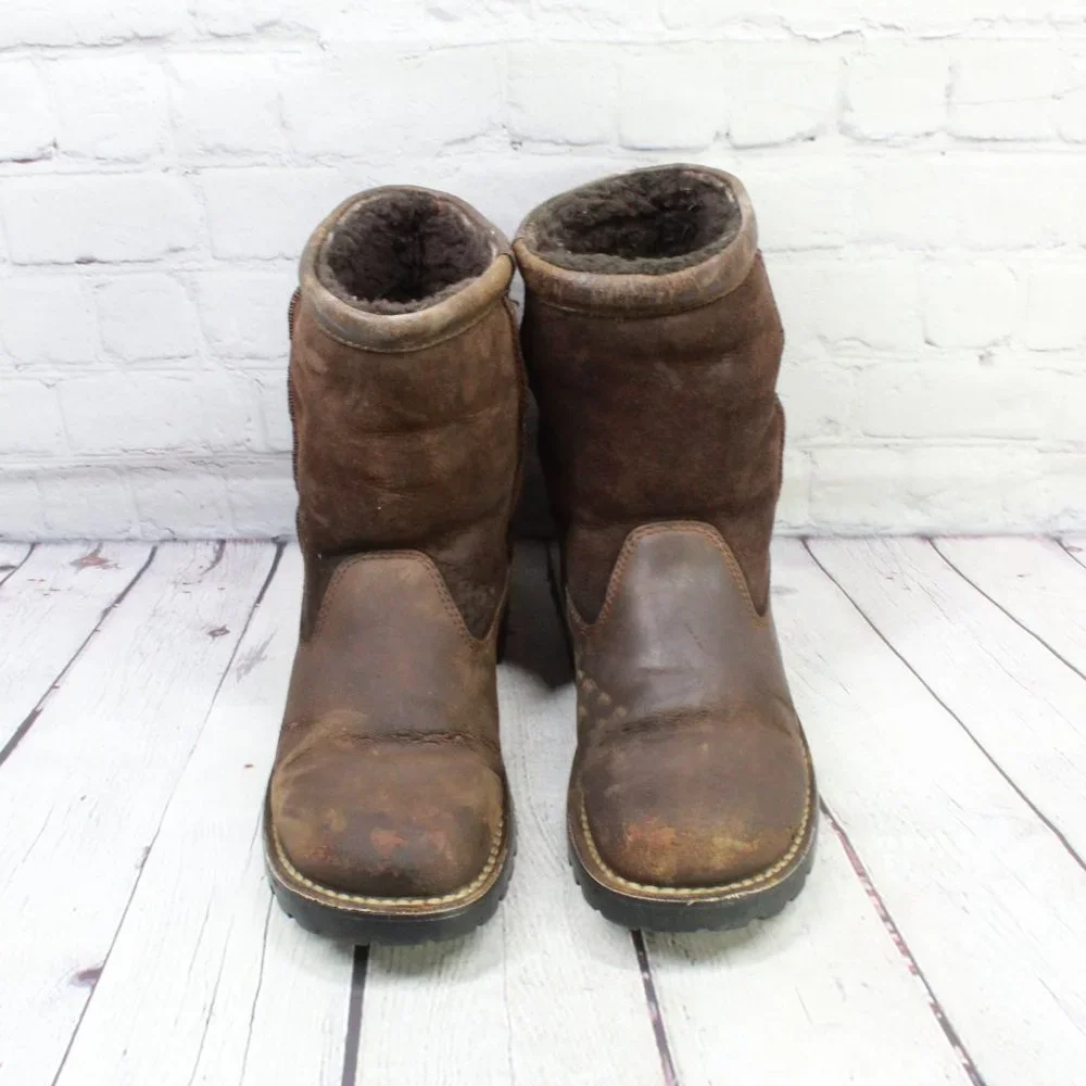 UGG Brown Leather Suede Sheepskin Lined Winter Boots Size 10 - Picture 5 of 9